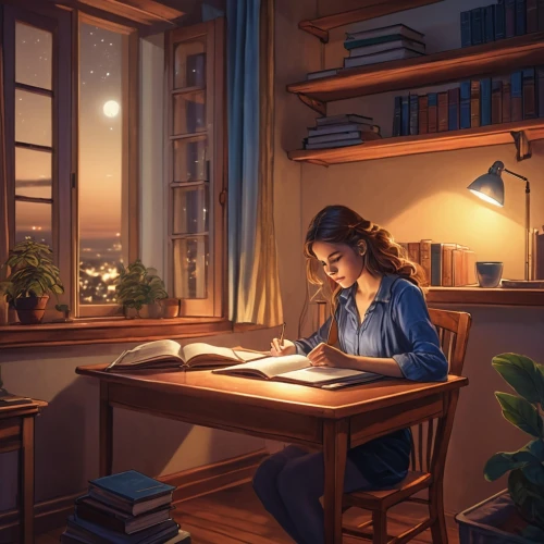 girl studying,sci fiction illustration,study,girl at the computer,study room,writing-book,cg artwork,game illustration,librarian,tutor,world digital painting,author,night administrator,scholar,bookworm,evening atmosphere,digital painting,the evening light,book illustration,reading,Photography,General,Realistic