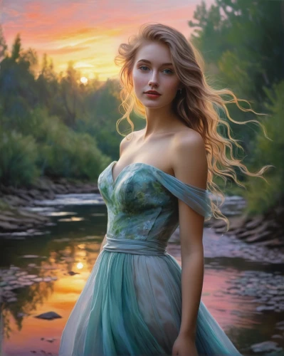 the blonde in the river,girl on the river,fantasy portrait,water nymph,fantasy picture,celtic woman,world digital painting,fantasy art,girl in a long dress,romantic portrait,enchanting,mystical portrait of a girl,digital painting,rusalka,oil painting,landscape background,faerie,elsa,oil painting on canvas,fantasy woman,Illustration,Paper based,Paper Based 11