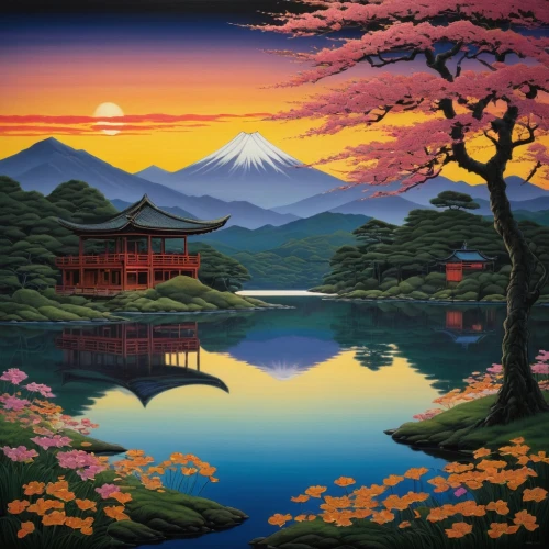 japan landscape,japanese art,japan,beautiful japan,japanese mountains,fuji,japanese background,mount fuji,shirakami-sanchi,kyoto,mt fuji,purple landscape,fuji mountain,mountain scene,japan garden,mountain landscape,landscape background,lake tanuki,japanese sakura background,fukushima,Illustration,Realistic Fantasy,Realistic Fantasy 08