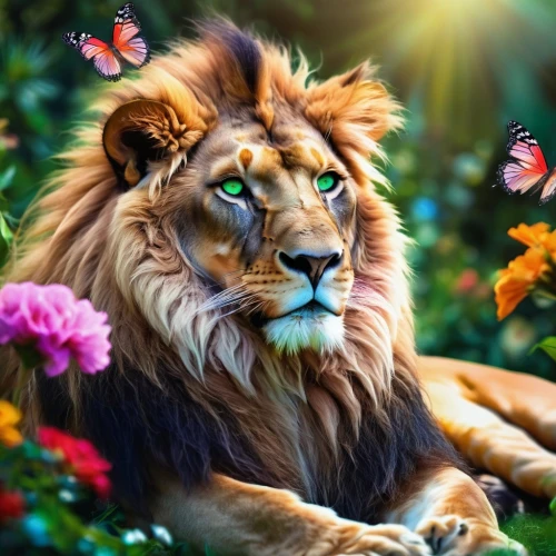 forest king lion,king of the jungle,panthera leo,african lion,lion,male lion,lion - feline,female lion,lioness,lion white,two lion,little lion,majestic nature,beauty in nature,lion father,fauna,wildlife,flower nectar,felidae,wild life,Illustration,Realistic Fantasy,Realistic Fantasy 37