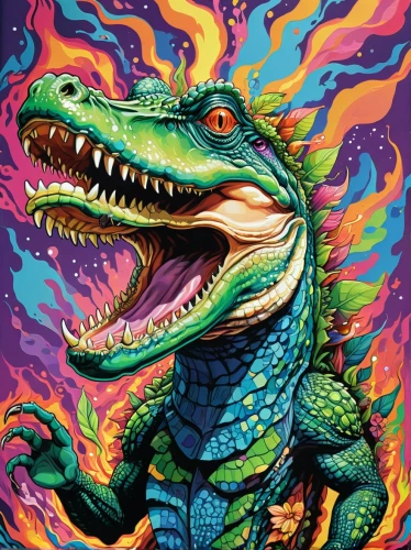 alligator,gator,dino,tyrannosaurus,dinosaruio,tyrannosaurus rex,painted dragon,chondro,dinosaur,fire breathing dragon,trex,iguana,landmannahellir,aligator,saurian,godzilla,komodo,drago milenario,alligator sugar,psychedelic art,Illustration,Paper based,Paper Based 09