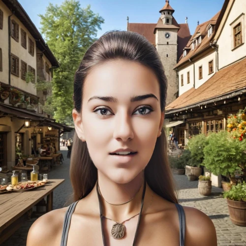 world digital painting,fantasy portrait,merchant,city ​​portrait,girl in a historic way,lara,elphi,photoshop manipulation,girl portrait,medieval town,escher village,woman face,female model,girl with bread-and-butter,half-timbered houses,digital compositing,bamberg,the girl's face,photoshop school,geometric ai file,Female,Eastern Europeans,Straight hair,Youth adult,M,Confidence,Underwear,Outdoor,Rothenburg