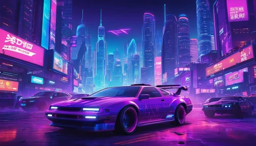 toyota ae85,80s,80's design,3d car wallpaper,cyberpunk,supra,nissan skyline,purple wallpaper,toyota supra,aesthetic,cityscape,ultraviolet,nissan silvia,retro background,neon arrows,retro,vapor,skyline,dusk,mazda rx-7,Illustration,Vector,Vector 19