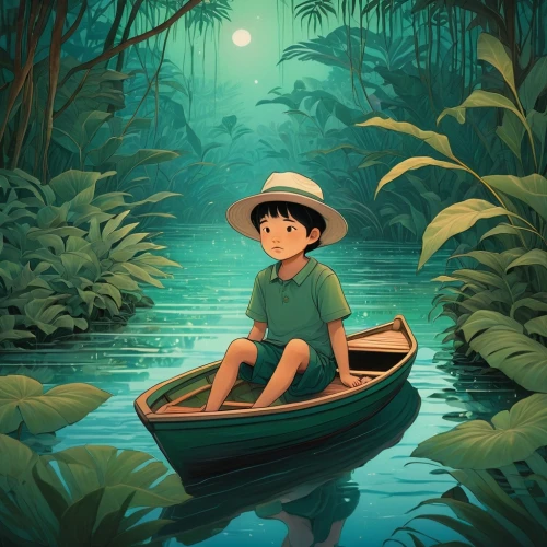 canoeing,fishing float,raft,studio ghibli,canoe,floating on the river,monkey island,perched on a log,paddler,little boat,vietnam,rainforest,raft guide,voyage,jungle,paddling,mowgli,kids illustration,backwaters,kayaker,Illustration,Japanese style,Japanese Style 15