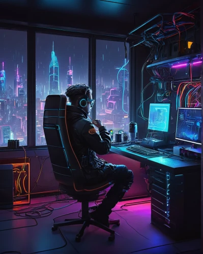 cyberpunk,computer room,computer workstation,man with a computer,working space,cyber,night administrator,neon human resources,gamer zone,cyberspace,modern office,workspace,computer desk,computer,creative office,computer game,workstation,music workstation,work space,freelancer,Photography,Documentary Photography,Documentary Photography 38