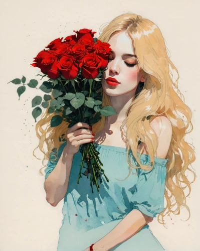 with roses,red roses,red rose,scent of roses,roses,spray roses,rose flower illustration,guelder rose,holding flowers,romantic rose,girl in flowers,with a bouquet of flowers,red carnation,beautiful girl with flowers,red petals,rose,flower of passion,poppy red,bibernell rose,sugar roses,Illustration,Paper based,Paper Based 19