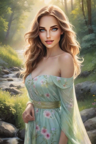 celtic woman,fantasy portrait,fantasy picture,jessamine,the blonde in the river,fantasy art,world digital painting,faerie,fantasy woman,romantic portrait,spring background,fae,springtime background,celtic queen,portrait background,mystical portrait of a girl,faery,landscape background,girl on the river,fairy tale character,Photography,Realistic