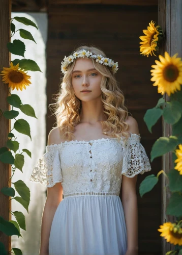 jessamine,sun bride,blonde in wedding dress,sunflower lace background,spring crown,flower crown,bridal clothing,girl in a wreath,beautiful girl with flowers,flower girl,summer crown,girl in flowers,bridal dress,wedding photography,dahlia white-green,flower garland,wedding photo,flower crown of christ,wedding dresses,bridal jewelry,Illustration,Abstract Fantasy,Abstract Fantasy 20