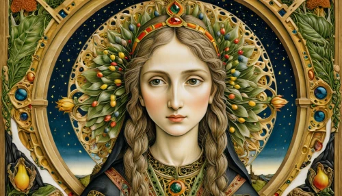 the prophet mary,portrait of christi,seven sorrows,art nouveau frame,priestess,girl in a wreath,virgo,gothic portrait,mary-gold,mary 1,decorative figure,art nouveau design,art nouveau,the angel with the veronica veil,golden wreath,art nouveau frames,celtic queen,artemisia,joan of arc,medicine icon,Art,Classical Oil Painting,Classical Oil Painting 28