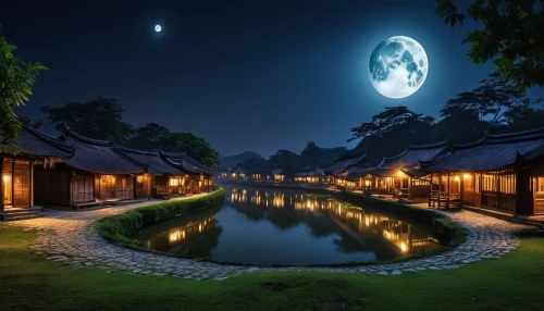 moonlit night,japan's three great night views,mid-autumn festival,ryokan,beautiful japan,moonlit,japanese architecture,asian architecture,japan landscape,night scene,japan garden,japanese zen garden,moon at night,kyoto,korean folk village,zen garden,japanese art,suzhou,fantasy picture,full moon,Photography,General,Realistic