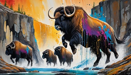 buffalo herd,bison,buffalo,yak,horned cows,buffalo herder,tribal bull,buffalos,elk,oxen,mountain cows,gnu,muskox,animal migration,buffaloes,mammoth,taurus,ox,wildebeest,serengeti,Conceptual Art,Graffiti Art,Graffiti Art 08