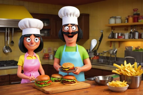 cooking show,animated cartoon,food and cooking,hamburgers,clay animation,food preparation,hamburger set,star kitchen,cookware and bakeware,chefs,burgers,cute cartoon image,cooks,burguer,chef,cooking utensils,cookery,grainau,veggie burger,man and wife,Unique,3D,Modern Sculpture