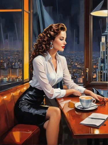 art deco woman,woman at cafe,businesswoman,business women,woman drinking coffee,businesswomen,business woman,cigarette girl,girl at the computer,sci fiction illustration,night administrator,retro women,retro diner,retro woman,receptionist,women in technology,art deco,boardroom,woman sitting,bussiness woman,Art,Artistic Painting,Artistic Painting 44