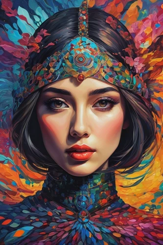 boho art,psychedelic art,vietnamese woman,asian woman,oil painting on canvas,mystical portrait of a girl,fantasy portrait,head woman,masquerade,peacock,aura,radha,colorful background,painting technique,argan,girl in a wreath,world digital painting,asian vision,woman face,shaman,Illustration,Abstract Fantasy,Abstract Fantasy 03