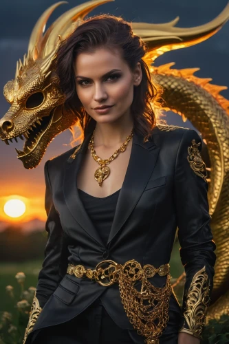 golden unicorn,golden dragon,mary-gold,gold jewelry,celtic queen,fantasy picture,thracian,fantasy woman,the zodiac sign taurus,heroic fantasy,gold colored,gold filigree,digital compositing,draconic,fantasy portrait,fantasy art,horoscope taurus,black and gold,image manipulation,celtic woman,Photography,General,Fantasy