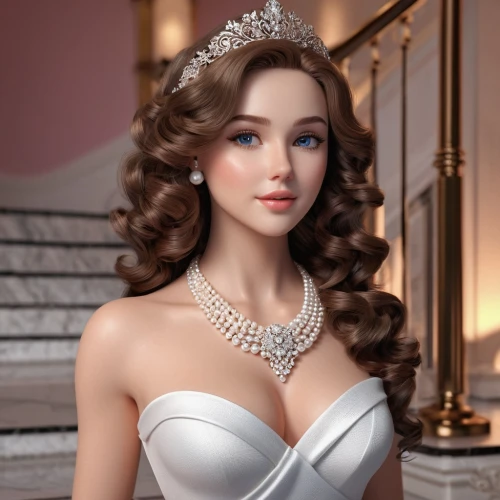 realdoll,bridal jewelry,bridal accessory,female doll,pearl necklace,princess crown,bridal clothing,diadem,dollhouse accessory,tiara,pearl necklaces,princess' earring,dress doll,diamond jewelry,fashion doll,love pearls,doll paola reina,crown render,bridal dress,doll's facial features,Unique,3D,3D Character