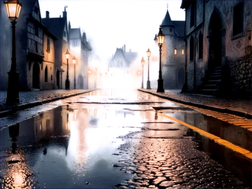 medieval street,cobblestones,cobblestone,the cobbled streets,rainy,street lamps,cartoon video game background,puddle,light rain,houses silhouette,rainstorm,walking in the rain,street lights,world digital painting,the street,after the rain,puddles,rain,after rain,city scape,Illustration,Realistic Fantasy,Realistic Fantasy 42