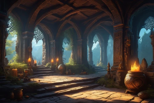 hall of the fallen,druid grove,elven forest,fantasy landscape,games of light,the mystical path,northrend,sanctuary,threshold,forest glade,dandelion hall,monastery,dungeons,the evening light,mausoleum ruins,hours of light,fireplaces,morning light,portal,candlemaker,Illustration,Realistic Fantasy,Realistic Fantasy 05