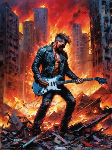 guitar solo,city in flames,terminator,apocalypse,guitar player,apocalyptic,rain of fire,thrash metal,fire background,demolition,hot metal,burning earth,punk,lake of fire,renegade,fighter destruction,ibanez,scorched earth,electric guitar,destroy,Conceptual Art,Oil color,Oil Color 20