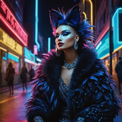 cruella de ville,cruella,catwoman,cyberpunk,masquerade,birds of prey-night,femme fatale,fur,queen of the night,kat,fabulous,feline look,crow queen,burlesque,neo-burlesque,vogue,neon lights,fierce,bazaar,cleopatra,Illustration,Paper based,Paper Based 10