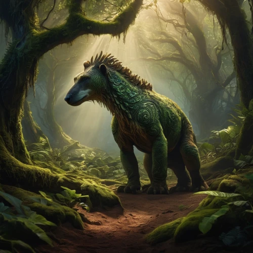 forest dragon,uintatherium,forest animal,cynorhodon,landmannahellir,forest king lion,green dragon,stegosaurus,tirannosaurus,ankylosaurus,druid grove,woodland animals,triceratops,druid,saurian,pachycephalosaurus,kelpie,tyrannosaurus,forest background,tree-rex,Photography,General,Commercial