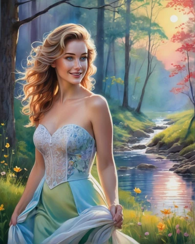 celtic woman,the blonde in the river,fantasy picture,fantasy art,fairy tale character,girl on the river,romantic portrait,landscape background,fantasy portrait,faerie,springtime background,art painting,faery,elsa,cinderella,celtic queen,enchanting,fairy queen,fairy tale,world digital painting,Illustration,Abstract Fantasy,Abstract Fantasy 13