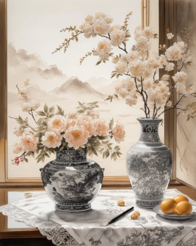 oriental painting,chinese art,japanese floral background,junshan yinzhen,still life of spring,flower painting,japanese art,ikebana,luo han guo,dongfang meiren,plum blossoms,apricot flowers,chinaware,flowering tea,floral japanese,almond blossoms,apricot blossom,plum blossom,spring blossoms,chrysanthemum exhibition,Illustration,Paper based,Paper Based 30