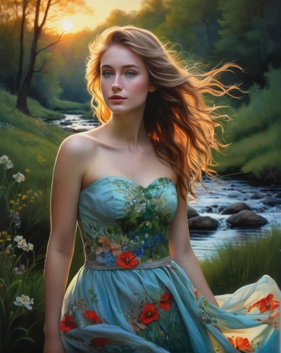 celtic woman,fantasy portrait,fantasy picture,fantasy art,girl in flowers,world digital painting,romantic portrait,girl on the river,faerie,faery,girl in a long dress,girl in the garden,mystical portrait of a girl,beautiful girl with flowers,splendor of flowers,landscape background,springtime background,the blonde in the river,enchanting,fantasy woman,Illustration,Realistic Fantasy,Realistic Fantasy 34