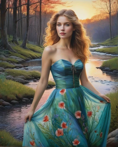 the blonde in the river,girl on the river,girl in a long dress,celtic woman,fantasy picture,fantasy art,romantic portrait,water nymph,fantasy portrait,young woman,oil painting on canvas,oil painting,landscape background,mystical portrait of a girl,girl in the garden,art painting,emile vernon,girl in flowers,enchanting,rusalka,Conceptual Art,Daily,Daily 26