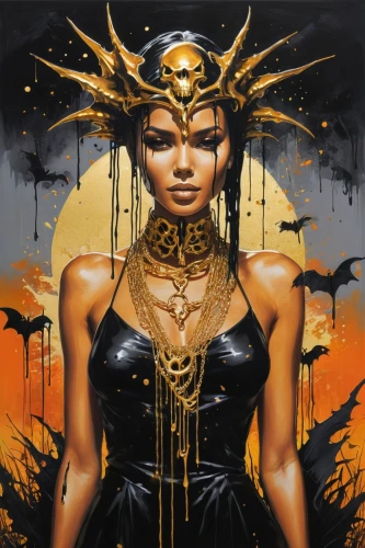 priestess,sorceress,golden crown,warrior woman,cleopatra,medusa,the enchantress,fantasy art,shamanic,zodiac sign libra,golden mask,mary-gold,seven sorrows,artemisia,sacred art,goddess of justice,athena,fantasy woman,black and gold,gold paint stroke,Conceptual Art,Graffiti Art,Graffiti Art 08