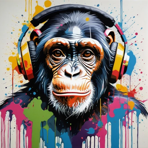 chimpanzee,monkeys band,chimp,bonobo,primate,great apes,ape,gorilla,cool pop art,war monkey,effect pop art,casque,high-wire artist,the monkey,graffiti art,monkey,common chimpanzee,primates,electronic music,disc jockey,Conceptual Art,Graffiti Art,Graffiti Art 04