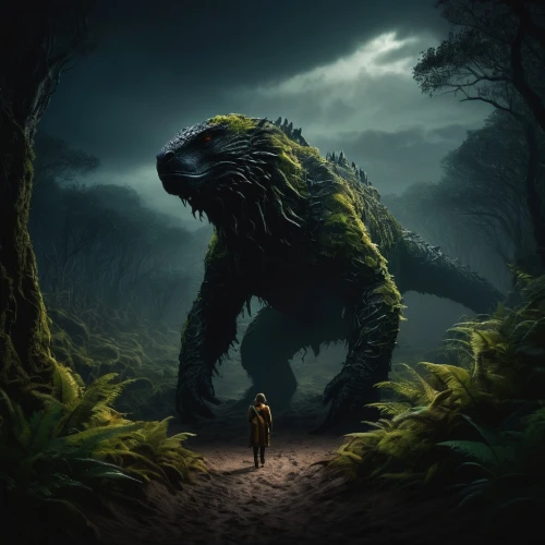 fantasy picture,forest king lion,sci fiction illustration,world digital painting,basilisk,king kong,primeval times,forest animal,fantasy art,green dragon,forest dragon,encounter,predation,game illustration,feral,landmannahellir,prehistoric,bear guardian,komodo,dragon of earth,Photography,General,Fantasy