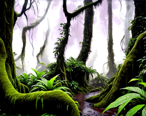 swampy landscape,rain forest,rainforest,cartoon video game background,elven forest,tree ferns,forest background,valdivian temperate rain forest,green forest,tropical and subtropical coniferous forests,riparian forest,forest landscape,ferns,cartoon forest,forests,patrol,the forests,old-growth forest,world digital painting,forest moss,Illustration,Realistic Fantasy,Realistic Fantasy 46