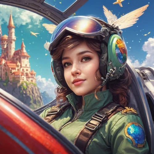 glider pilot,cg artwork,vanessa (butterfly),yuri gagarin,pilot,retro girl,fighter pilot,helicopter pilot,fantasy portrait,sci fiction illustration,portrait background,retro woman,vespa,world digital painting,fairy tale icons,game illustration,elves flight,bomber,navi,paratrooper