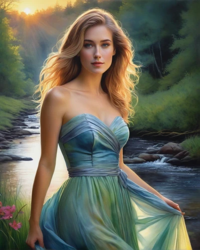celtic woman,the blonde in the river,girl on the river,fantasy picture,fantasy art,landscape background,girl in a long dress,fantasy portrait,world digital painting,water nymph,romantic portrait,faerie,art painting,celtic queen,fantasy woman,young woman,jessamine,photo painting,enchanting,mystical portrait of a girl,Conceptual Art,Daily,Daily 32