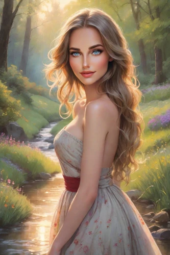 celtic woman,the blonde in the river,fantasy portrait,fantasy picture,jessamine,springtime background,spring background,world digital painting,romantic portrait,girl in a long dress,fairy tale character,romantic look,fantasy art,rapunzel,landscape background,enchanting,portrait background,fantasy woman,beautiful girl with flowers,fae,Photography,Realistic