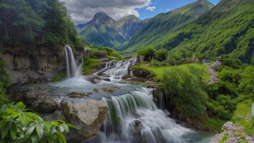 green waterfall,slovenia,mountain stream,altai,caucasus,bernese oberland,waterfalls,bucegi mountains,badakhshan national park,new zealand,wasserfall,romania,central tien shan,canton of glarus,landscape mountains alps,south tyrol,mountain spring,flowing water,beautiful landscape,the russian border mountains,Realistic,Foods,None