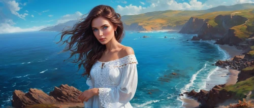 world digital painting,fantasy picture,fantasy art,landscape background,cliffs ocean,girl on the dune,fantasy portrait,cliff top,creative background,sea landscape,by the sea,mermaid background,romantic portrait,sea breeze,mystical portrait of a girl,ocean background,mountain and sea,the sea maid,art painting,girl in a long,Conceptual Art,Fantasy,Fantasy 14