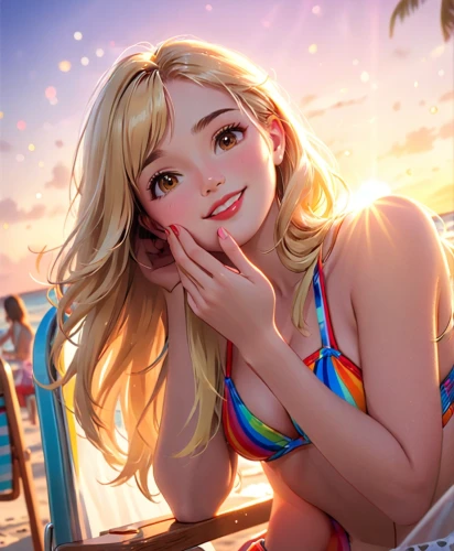 summer background,beach background,aloha,cg artwork,summer icons,honolulu,summer crown,tamarama,swimsuit,summer swimsuit,portrait background,edit icon,candy island girl,honmei choco,luau,smiling,nico,rainbow background,summer day,nami,Anime,Anime,Cartoon