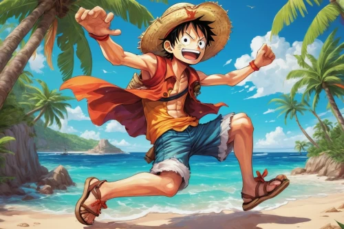 calm usopp,marco,2d,son goku,straw hat,beach background,one piece,takikomi gohan,holding a coconut,goku,onepiece,summer background,matsuno,king coconut,alibaba,shaka,luau,straw hats,sanji,bazaruto,Illustration,Paper based,Paper Based 17