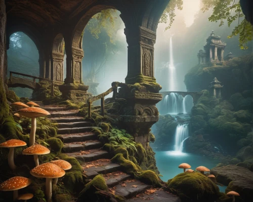 fantasy landscape,mushroom landscape,fairy village,fantasy picture,fairy forest,mushroom island,elven forest,fairytale forest,enchanted forest,fairy world,fantasy art,myst,3d fantasy,the mystical path,fairy chimney,abandoned place,ancient city,underwater oasis,druid grove,wishing well,Photography,Documentary Photography,Documentary Photography 19