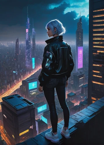 cityscape,cyberpunk,above the city,city lights,urban,city ​​portrait,evening city,futuristic,city youth,city at night,dystopian,rooftop,jacket,city view,city,city life,city pigeon,dusk,rooftops,the city,Illustration,Black and White,Black and White 24