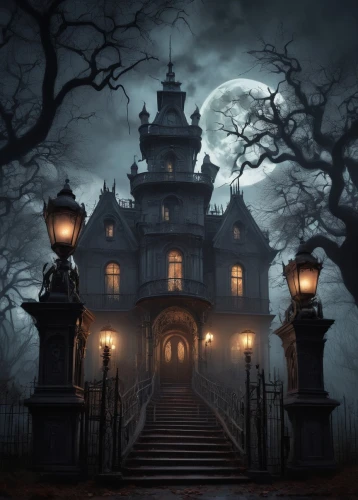 the haunted house,haunted house,witch's house,witch house,ghost castle,haunted castle,haunted cathedral,creepy house,gothic style,fairy tale castle,victorian house,mortuary temple,dark gothic mood,haunted,halloween scene,halloween and horror,gothic architecture,fairytale castle,victorian,house silhouette,Conceptual Art,Fantasy,Fantasy 01