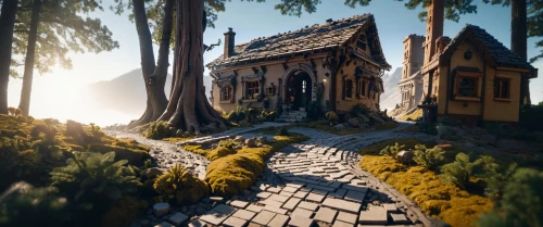 house in the forest,alpine village,mountain settlement,little house,render,wooden houses,log cabin,3d render,cottage,witch's house,wooden path,small house,summer cottage,wooden house,ancient house,escher village,small cabin,lonely house,house in mountains,wooden hut