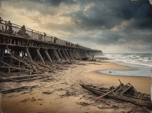 wooden pier,wooden bridge,ship wreck,photo manipulation,burned pier,scripps pier,beach erosion,old pier,shipwreck,shipwreck beach,image manipulation,boat wreck,beach landscape,digital compositing,photomanipulation,noah's ark,photoshop manipulation,fishing pier,the wreck,the wreck of the ship,Photography,General,Fantasy