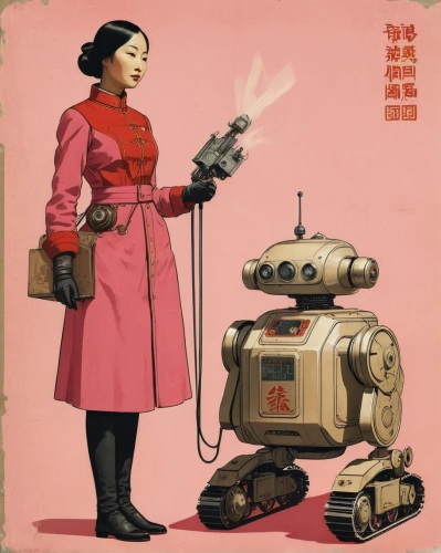 vintage asian,atomic age,vacuum cleaner,minibot,droid,lady medic,military robot,streampunk,industrial robot,robotics,robot icon,retro woman,retro women,robot,robot combat,robots,siu mei,woman fire fighter,robotic,battery mower,Illustration,Japanese style,Japanese Style 08