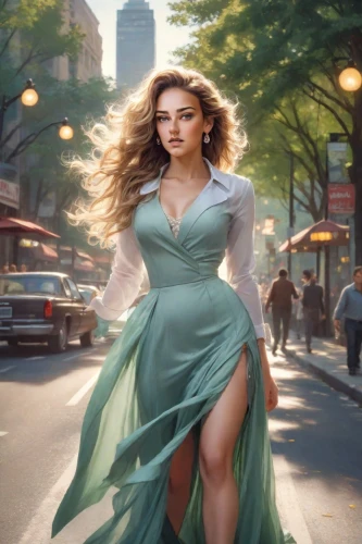 girl in a long dress,woman walking,world digital painting,celtic woman,girl walking away,a girl in a dress,fantasy picture,sprint woman,fantasy woman,green dress,fantasy art,pedestrian,fantasy portrait,a pedestrian,girl in a historic way,romantic portrait,digital painting,female runner,cinderella,girl in a long,Photography,Realistic