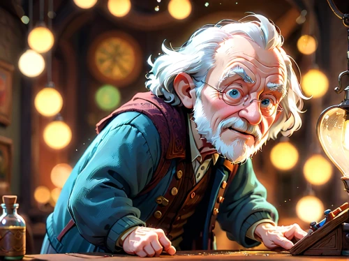 watchmaker,clockmaker,geppetto,gnome and roulette table,game illustration,tinsmith,apothecary,baron munchausen,caricaturist,christmas carol,sci fiction illustration,meticulous painting,the wizard,candlemaker,cg artwork,merchant,archimedes,old trading stock market,elderly man,shopkeeper,Anime,Anime,Cartoon