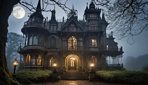 fairy tale castle,witch's house,ghost castle,witch house,fairytale castle,victorian house,haunted castle,victorian,the haunted house,gothic architecture,haunted house,gothic style,victorian style,haunted cathedral,creepy house,gothic,dark gothic mood,house in the forest,fairy tale,haunted,Illustration,Realistic Fantasy,Realistic Fantasy 14