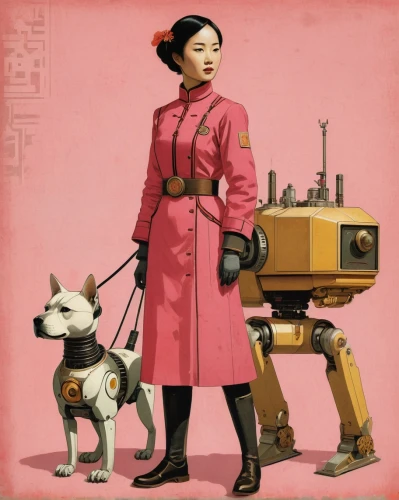chinese imperial dog,japanese terrier,tibet terrier,girl with dog,companion dog,vintage asian,lady medic,working terrier,postman,dog walker,veterinarian,fallout4,akita inu,industrial robot,sci fiction illustration,old english terrier,female dog,dog illustration,plummer terrier,laika,Illustration,Japanese style,Japanese Style 08